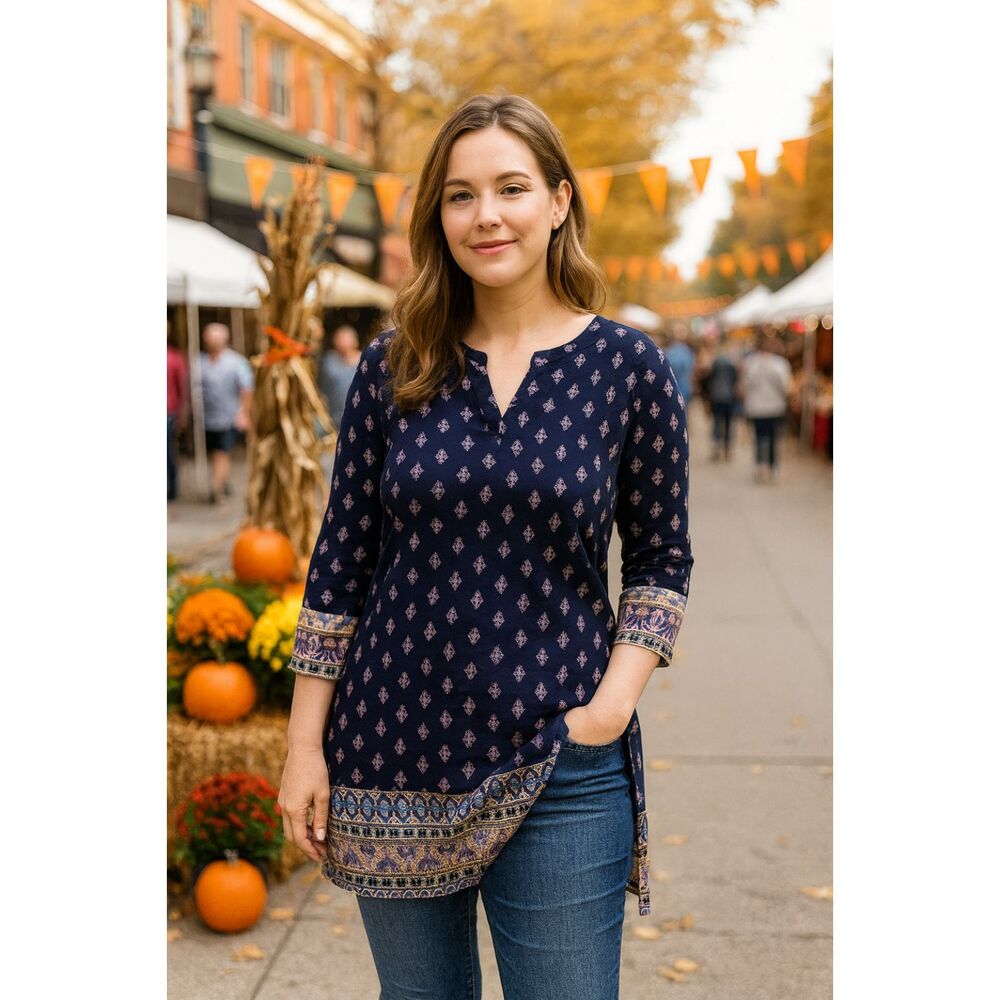 Lucky Brand Tunic XL Blue Batik Print Contrast Hem 3/4 Sleeve Bohochic Top